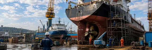 Marine engineers carrying out ship repairs and maintenance onboard a vessel
